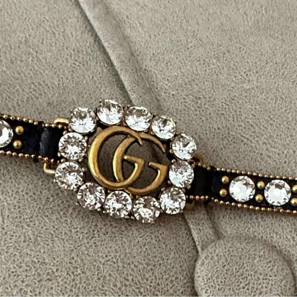 Gucci Calfskin Crystal Embellished Double G Choker Necklace Black - Picture 3 of 13